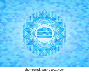cheeseburger icon inside realistic sky blue mosaic emblem