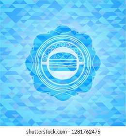 cheeseburger icon inside realistic sky blue emblem. Mosaic background