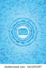 cheeseburger icon inside realistic sky blue mosaic emblem