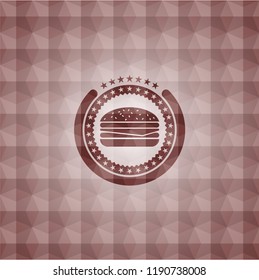 cheeseburger icon inside red badge with geometric pattern. Seamless.