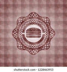 cheeseburger icon inside red badge with geometric pattern background. Seamless.