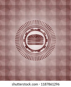 cheeseburger icon inside red emblem or badge with abstract geometric polygonal pattern background. Seamless.