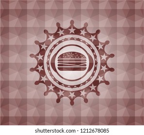 cheeseburger icon inside red geometric pattern emblem. Seamless.