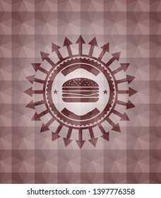 cheeseburger icon inside red geometric pattern emblem. Seamless.
