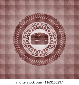 cheeseburger icon inside red seamless emblem with geometric background.