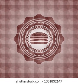 cheeseburger icon inside red seamless geometric pattern emblem. Seamless.