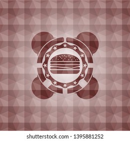 cheeseburger icon inside red seamless geometric emblem.