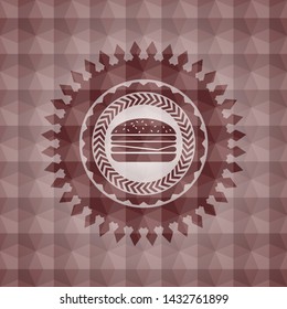 cheeseburger icon inside red seamless emblem with geometric pattern background.