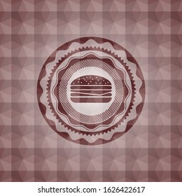 cheeseburger icon inside red seamless badge with geometric pattern.