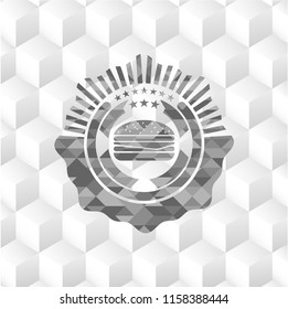 cheeseburger icon inside retro style grey emblem with geometric cube white background