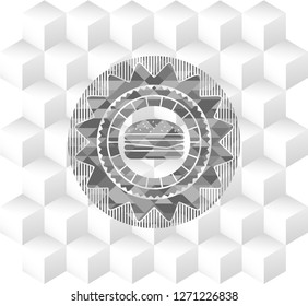 cheeseburger icon inside retro style grey emblem with geometric cube white background
