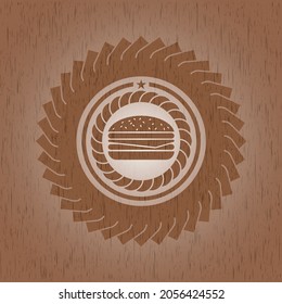 cheeseburger icon inside retro wooden emblem. 