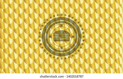 cheeseburger icon inside shiny golden emblem. Scales pattern. Vector Illustration. Detailed.