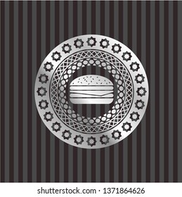cheeseburger icon inside silver badge or emblem