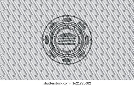 cheeseburger icon inside silver color emblem. Scales pattern. Vector Illustration. Detailed.