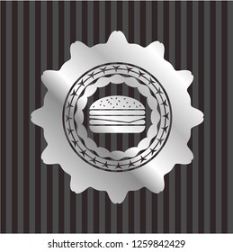 cheeseburger icon inside silver emblem or badge