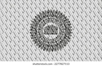 cheeseburger icon inside silver shiny badge. Scales pattern. Vector Illustration. Detailed. 