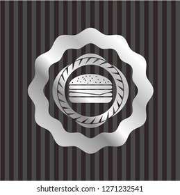 cheeseburger icon inside silvery emblem or badge