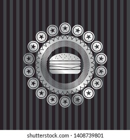 cheeseburger icon inside silvery emblem or badge