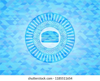 cheeseburger icon inside sky blue mosaic emblem