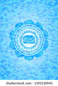 cheeseburger icon inside sky blue mosaic emblem