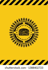cheeseburger icon inside warning sign, black grunge emblem. Vector Illustration. Detailed.