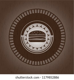 cheeseburger icon inside wood emblem. Vintage.