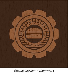 cheeseburger icon inside wood emblem. Vintage.