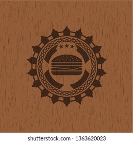 cheeseburger icon inside wood emblem. Vintage.