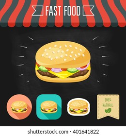 Cheeseburger icon on a chalkboard. Set of icons and eco label. Flat design. Vector illustration