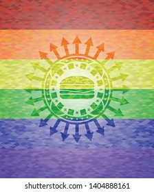 cheeseburger icon on mosaic background with the colors of the LGBT flag