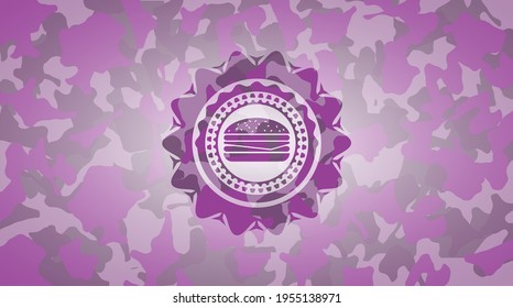 cheeseburger icon on pink and purple camouflage pattern. 
