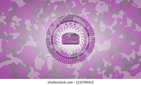 cheeseburger icon on pink and purple camo pattern. 
