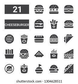 cheeseburger icon set. Collection of 21 filled cheeseburger icons included Sandwich, Burger, Hamburguer, Fries, No fast food, Hamburger