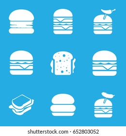 Cheeseburger icons set. set of 9 cheeseburger filled icons such as sandwich, burger with pepper, burger with sausage