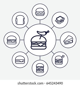 Cheeseburger icons set. set of 9 cheeseburger outline icons such as sandwich, double burger with flag, burger with pepper