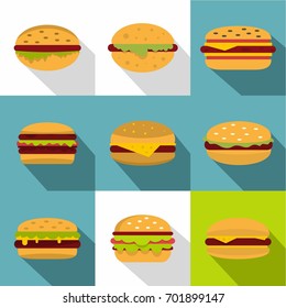 Cheeseburger icons set. Flat set of 9 cheeseburger vector icons for web with long shadow