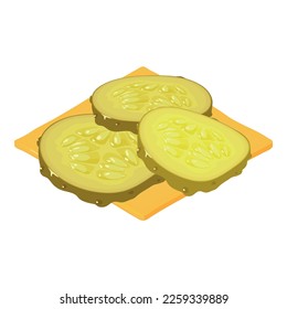 Cheeseburger ingredient icon isometric vector. Salty cucumber slice, cheese slice. Fast food, nutrition concept