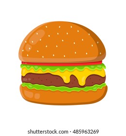 Cheeseburger isolated flat vector illustration isolated on white background. Cheeseburger ingredient, original burger recipe