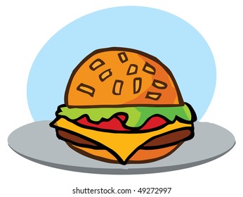 Cheeseburger with lettuce, cheese, pickles, tomatoes