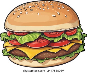 Cheeseburger With Lettuce And Tomatoes, Vector Illustration, Isolated on White Background