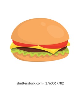 Cheeseburger with meat, lettuce, and tomato. Cartoon fast food, vector isolated illustration