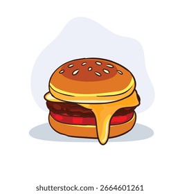 Hamburguesa con queso derretido, tomate y carne. Ilustración de dibujos animados de Vector plano