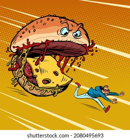 Cheeseburger monster character eats a human. Dangerous fast food. Food Attack