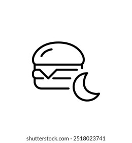 Hamburguesa con queso y luna. Comida rápida, merienda. Antojos nocturnos, entrega de comida las 24 horas. Icono de Vector perfecto de píxeles