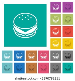 Cheeseburger multi colored flat icons on plain square backgrounds. Included white and darker icon variations for hover or active effects.