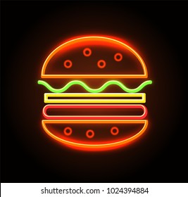 Cheeseburger neon sign, poster with product made of bread, cheese and meat, vegetables and sesame, vector illustration isolated on black background