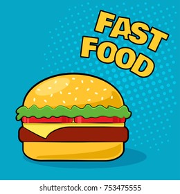 Cheeseburger on a blue background in the style of pop art. Colorful vector illustration