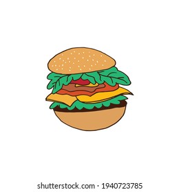 cheeseburger on white icon. bun with sesame seeds, lettuce, patty, cheese, tomato, sauce and onion. hand drawn vector. fast food, unhealthy food. doodle art for logo, label, poster, clipart, advert.