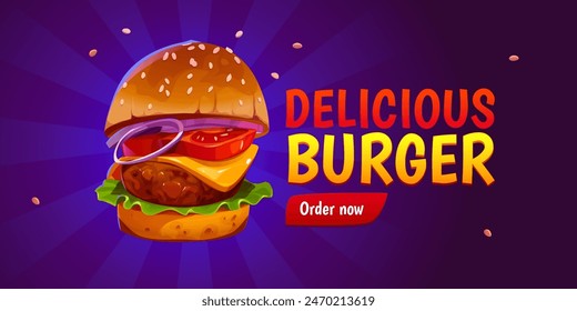 Cheeseburger with onion, tomato, cheese, cutlet and herbs. And the inscription DELICIOUS BURGER